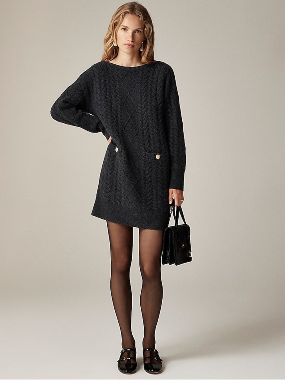 NWT J.Crew Relaxed Cable-Knit Sweater Dress Merino Wool Alpaca Charcoal M Autumn
